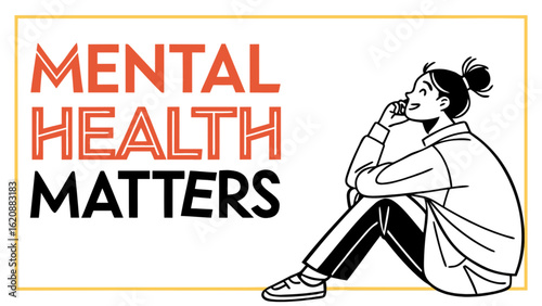 Illustration of a woman sitting and thinking about mental health matters, emphasizing the importance of mental wellbeing, care, and support for emotional balance and peace