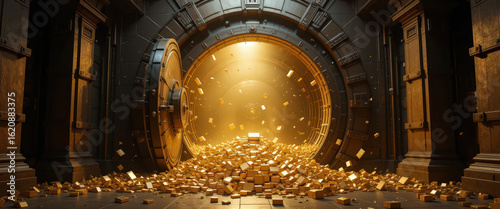 Gold vault treasure overflowing with wealth secure location 3d render luxurious environment dramatic viewpoint