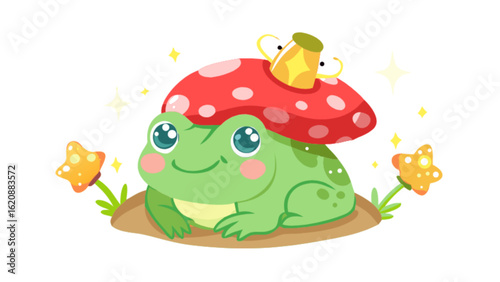 Cute cartoon frog with mushroom hat isolated on white background adorable toad character in fairy tale style funny amphibian with red spotted cap and crown sweet animal illustration for children