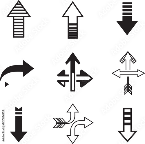 A diverse set of nine black arrow icons featuring striped solid outlined and multidirectional pointer designs for navigation