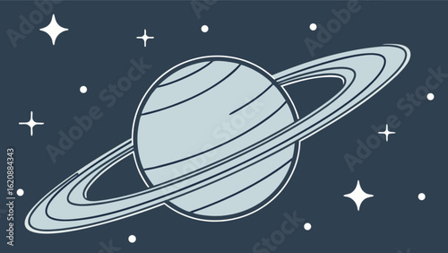 Illustration of the planet saturn with its rings and stars isolated on white background, a celestial body in the solar system, a gas giant with moons and satellites, a cosmic object in the universe