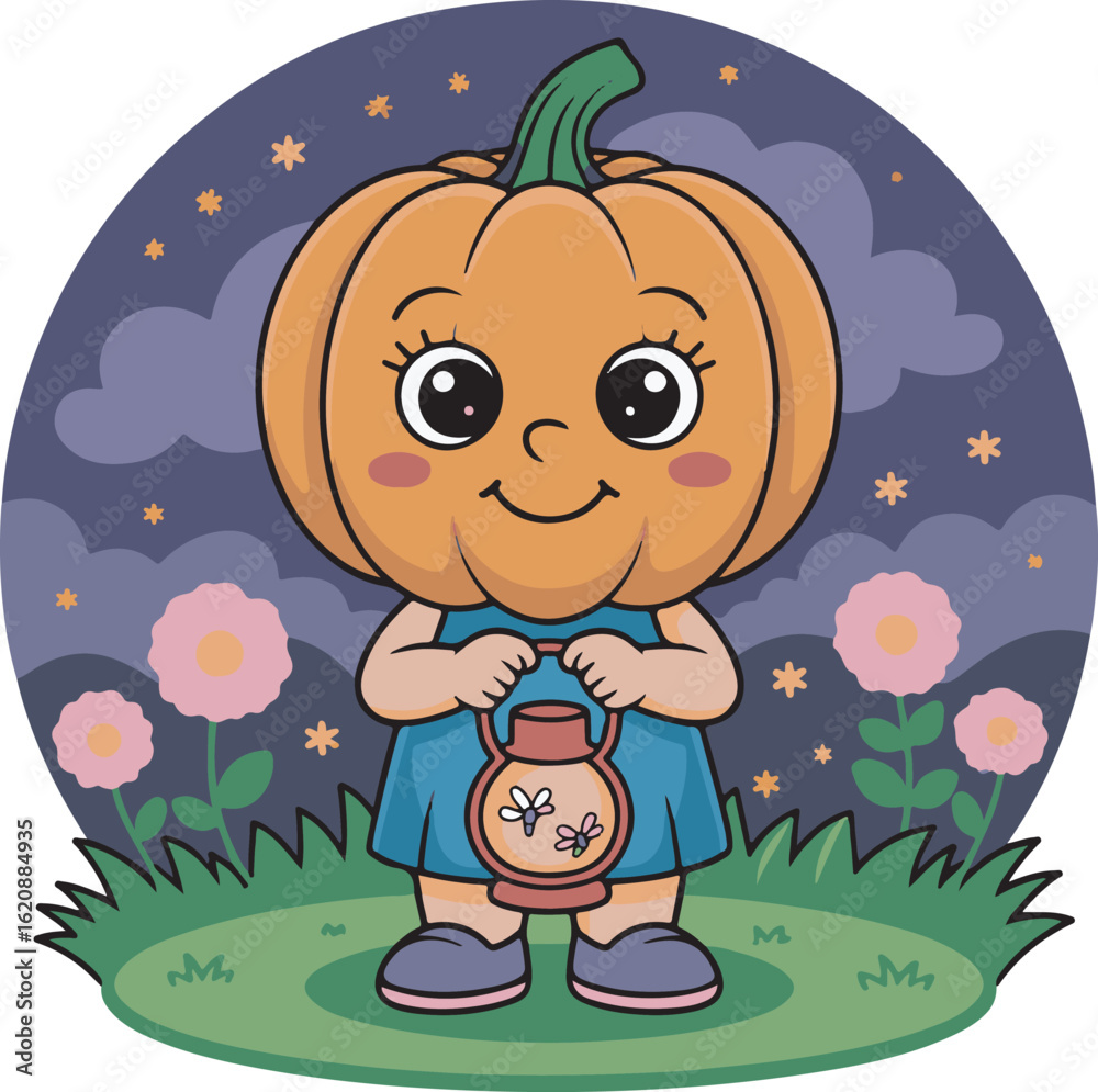 Naklejka premium Cute Pumpkin Girl Holding Lantern Vector Illustration for Autumn and Fall Designs