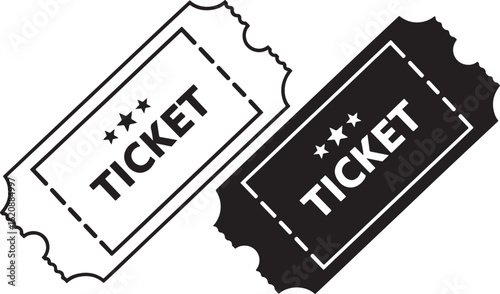 Classic event ticket icons in black and white featuring three stars and a perforated stub line