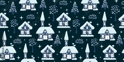cozy christmas seamless pattern cute cartoon houses trees and stars festive new year wallpaper textile print and gift wrapping design