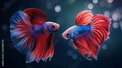 Stunning photo of two siamese fighting fish displaying vibrant red and blue fins in aquatic habitat