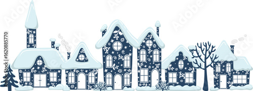 winter village street with snow covered houses, decorated roofs, chimneys and trees in scandinavian style horizontal border illustration for holiday design