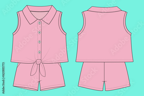 Infant Toddler Baby Girls Sleeveless Tops With Shorts Set Fashion Flat Sketch CAD Mockup Front and Back Views.