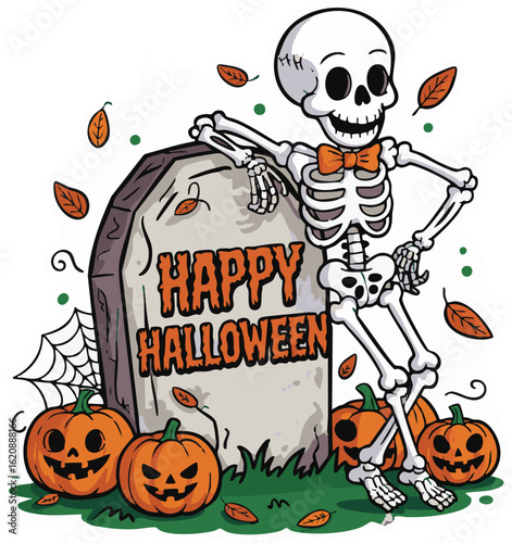 Skeleton Leaning on Tombstone with Pumpkins Halloween Vector