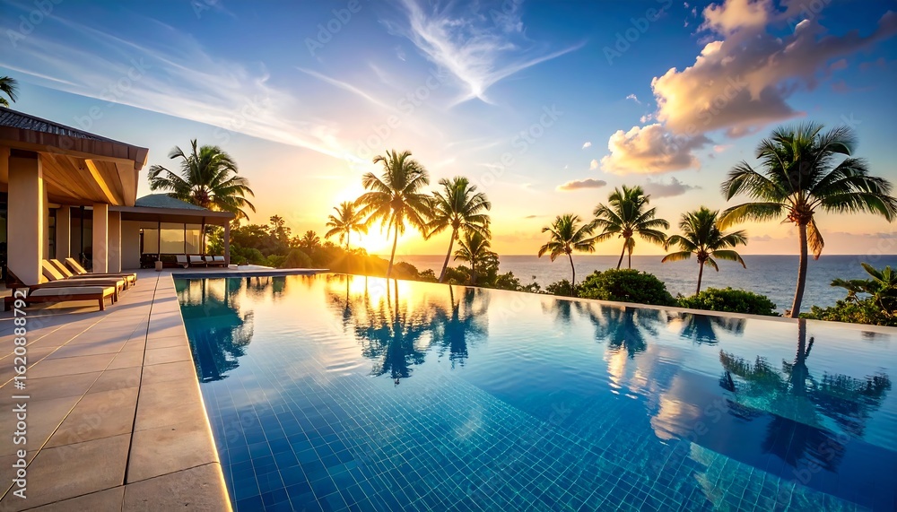 Fototapeta premium Luxury tropical resort infinity pool at sunset with palm trees and ocean view reflecting in the water