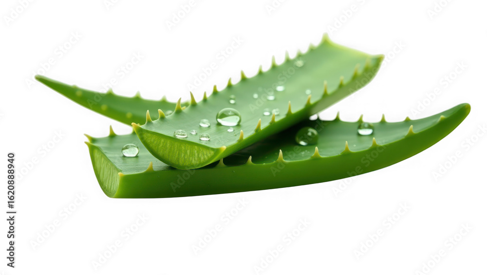 Naklejka premium Fresh aloe vera leaves with water drops isolated on transparent background for natural beauty treatment