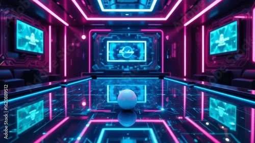 Bouncing Digital Ping Pong Ball in Neon Futuristic Gaming Room Closeup