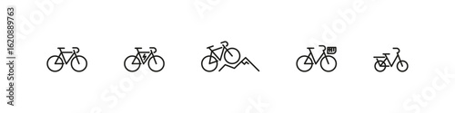 Bicycles, transport and sports set of linear icons. Cycling outline icon collection.