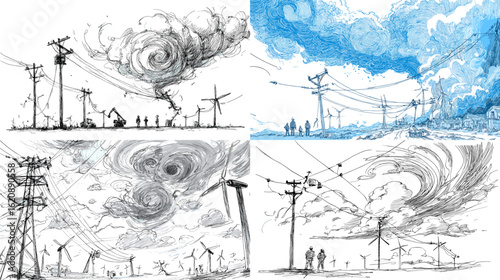 Artistic sketch illustrations of tornadoes near wind turbines and electric poles. Dramatic scenes of energy infrastructure under climate stress.

