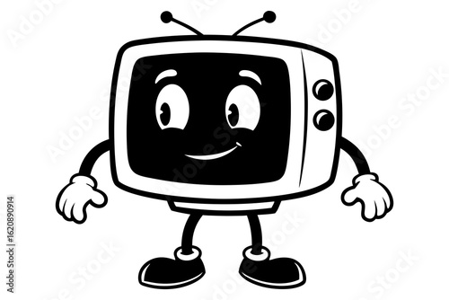 A whimsical 3D cartoon robot with a TV screen face displays a blank symbol, representing digital business and modern technology
