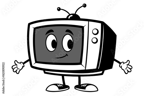 A whimsical 3D cartoon robot with a TV screen face displays a blank symbol, representing digital business and modern technology