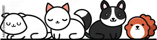 Cute Kawaii Style Cartoon Animals in a Row pets