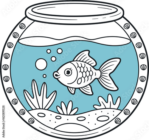 Illustration of a goldfish swimming in a fishbowl with blue water and plants on a white background