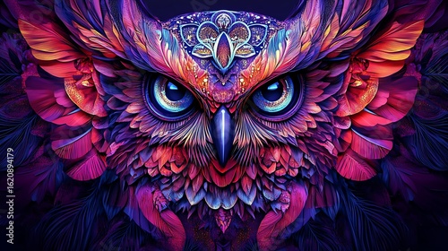 Vibrant and colorful artistic rendering of an owl featuring detailed feathers and intricate designs photo