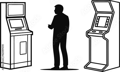 Black and white illustration of a man silhouetted near two kiosks or automated machines against a clean white background
