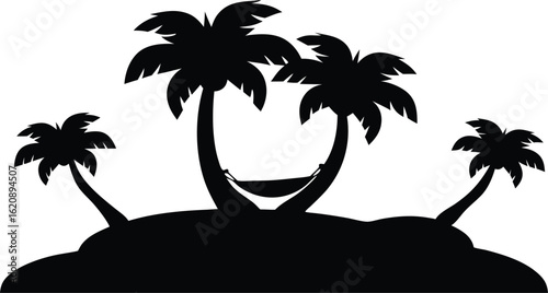 Black silhouette tropical island scene with palm trees and a hammock depicting relaxation and paradise vacation vibe