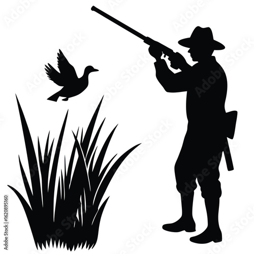 Hunter Aims At Flying Duck Silhouette shotgun hunting
