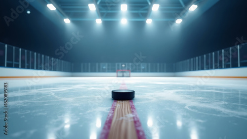Professional hockey rink with bluish ice, stick and puck centered — ideal for sports designs, fan posters, or game content.