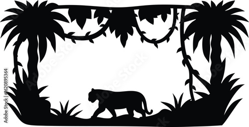 Silhouette of a tiger walking through a jungle scene surrounded by tropical trees and vines