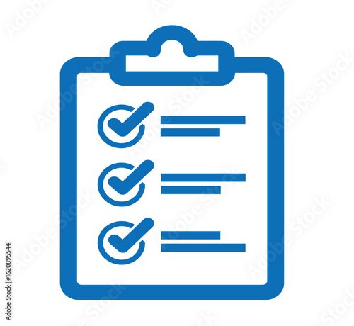 Blue checklist icon on a clipboard representing task completion, project management, and successful organization concept.