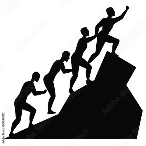 Silhouettes of people climbing a steep incline mountain