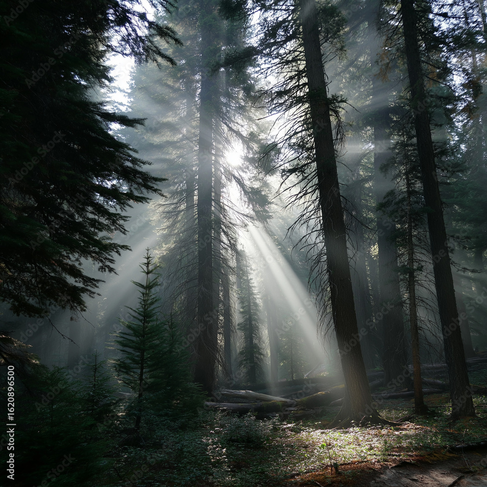 Fototapeta premium Lush green forest path in morning light 