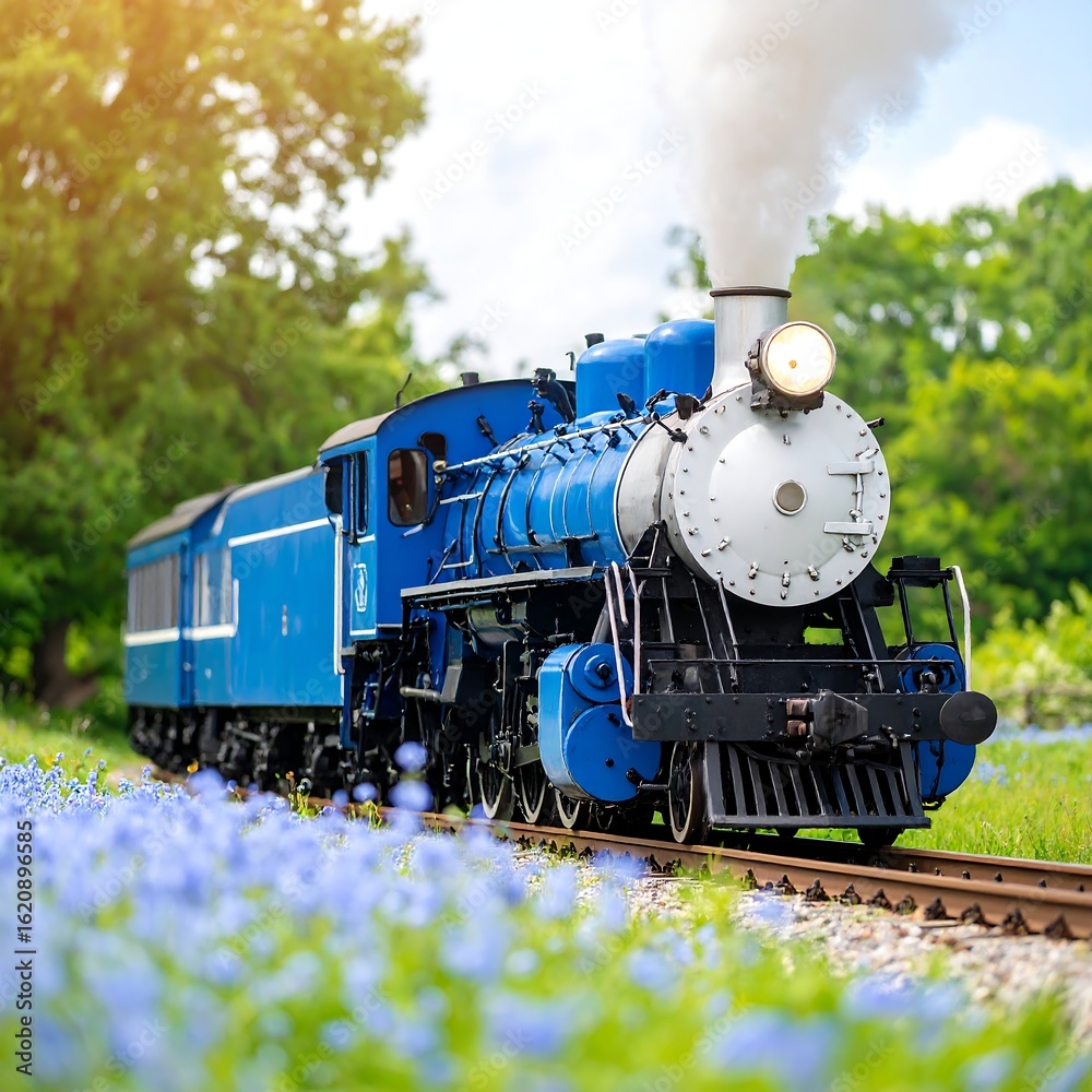 Naklejka premium Blue train in a flowery field
