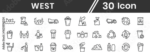 Waste sorting line icons set collection. Plastic bottle, biodegradable trash, junk truck, landfill, paper, glass, battery, conveyor vector illustration. Outline signs about garbage recycle. Editable S