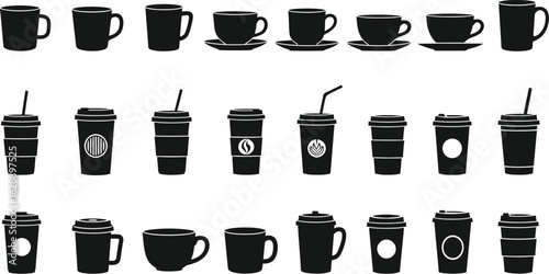 Black and white coffee cup vector illustration set for cafe and restaurant
