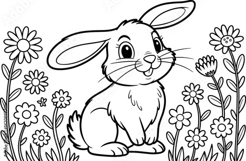 A black and white cartoon illustration of a rabbit surrounded by flowers in a simple line drawing style