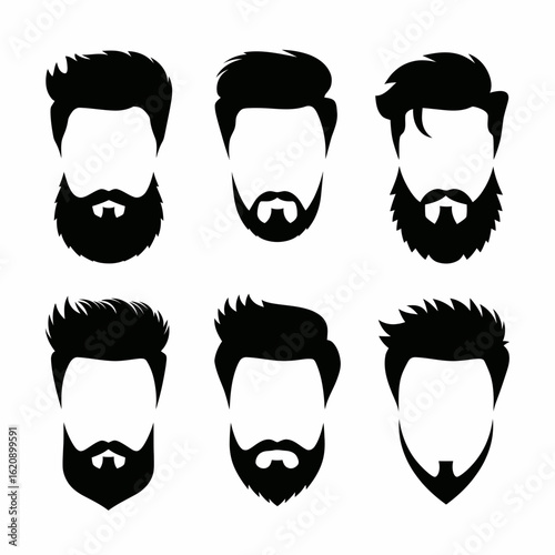 Collection of six diverse men s hairstyles and beard styles silhouette isolated on white background