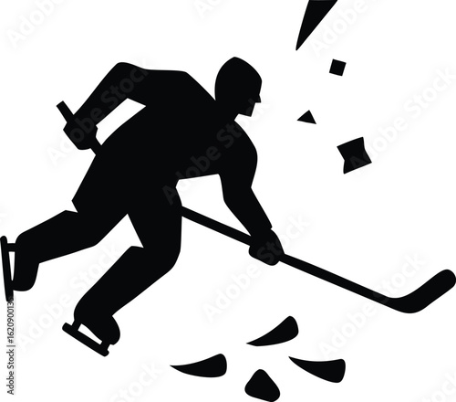 Silhouette of a hockey player skating and hitting a puck with ice fragments vector illustration