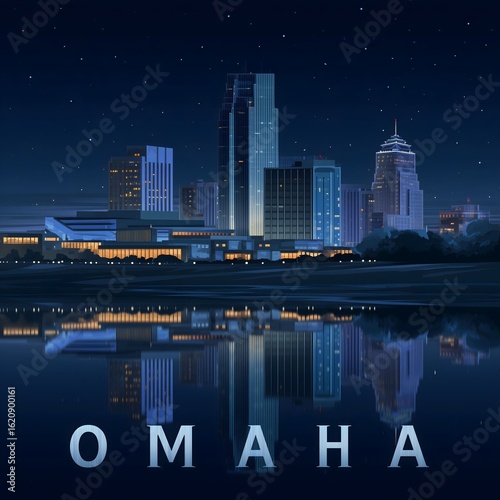 City of Omaha, Nebraska night time skyline postcard style vector illustration