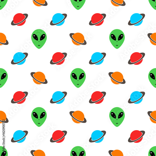 Seamless pattern with aliens and planets on white background. World UFO day