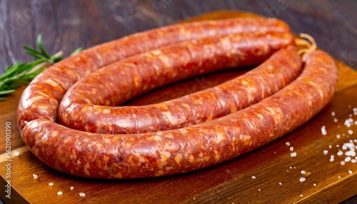 Cumberland Sausage (UK)
A long, coiled sausage with a golden brown, slightly crispy exterior. 