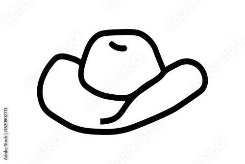 The image is a simple, black outline drawing of a cowboy hat. It features a high crown with a slight crease and a wide brim that is curled up on both sides.