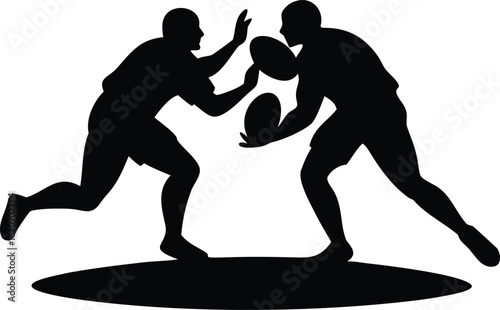 Silhouette of two rugby players tackling for the ball sports game
