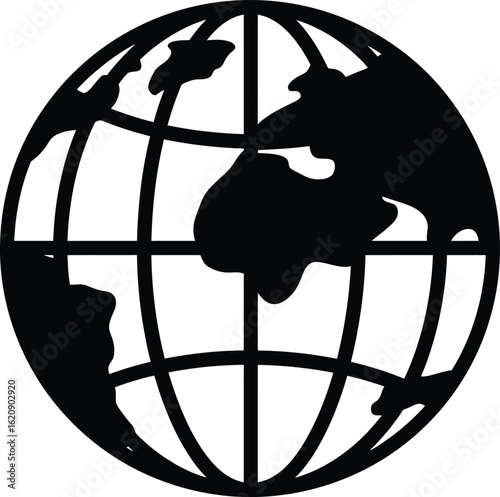 A black and white silhouette of a globe showing continents and meridians on a white isolated background
