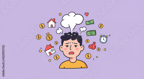Concept of financial stress and life pressure, with a worried cartoon man overwhelmed by thoughts of money, home, and debt.