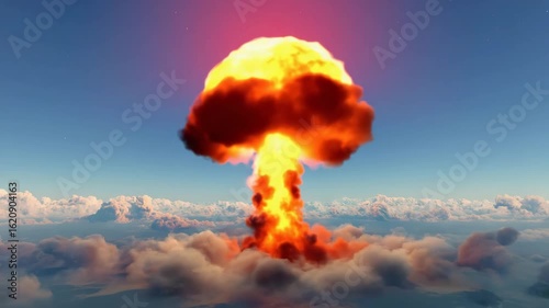 Witness the awe-inspiring spectacle of a mushroom cloud erupting dramatically above a sea of clouds, a powerful symbol of explosive energy and change against a vibrant sky.