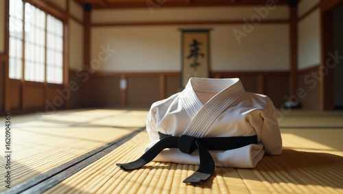 Authentic karate tatami with gi and belt (obi) folded traditionally in the corner — ideal for martial arts, dojo promotions, or tournament designs.