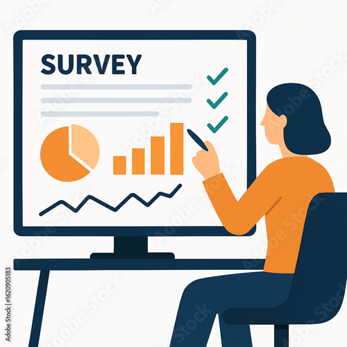 Woman conducting an online survey on a computer.