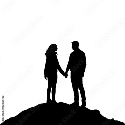 Silhouette of couple holding hands on hill against white background  