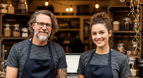 Cheerful cafe owners ready to serve in cozy shop with string lights and warm ambiance smiling at you