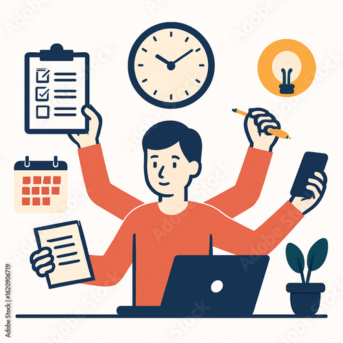 Man multitasking with multiple hands to improve productivity