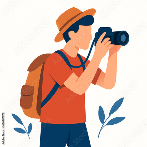 Tourist photographer with camera and backpack.